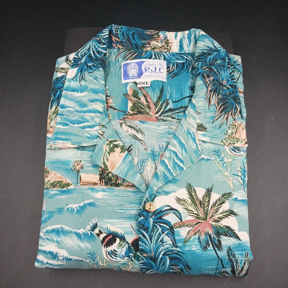 Vintage RJC Ltd Hawaiian Button Up Shirt Sea Turtles Fish Blue XXL Made in USA